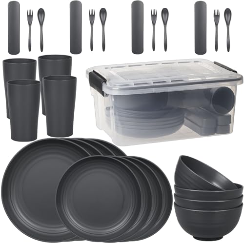 Greentainer Campinggeschirr aus Kunststoff (29pcs) | Unzerbrechliches Geschirrset mit Box & Besteck für 4 Person| Picknickgeschirr, Plastikgeschirr mit Tellerset, Schüssel, Becher Set für Outdoor,RV von Greentainer