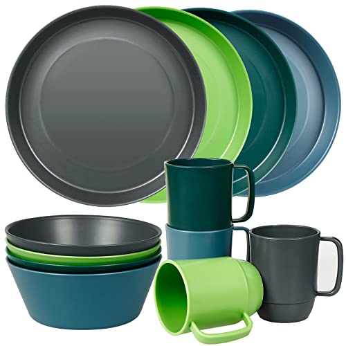 Greentainer Geschirrsets aus Kunststoff | Leichtes und Unzerbrechliches Komplett-Set,Tellerset, Schüsseln,Tassen,Tafel-Service für 4 Person, ideal für Kinder & Erwachsene Wiederverwendbar 12pcs-rund von Greentainer