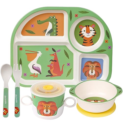 Greentainer Kindergeschirr set aus melamin, 6er Sturzfest Geschirr Set- Baby Menü Tablett, Kinderschüssel mit Saugnapf, Becher mit deckel,Löffel, Gabel für Kinder, ab 6 Monaten,Spülmaschinenfest von Greentainer