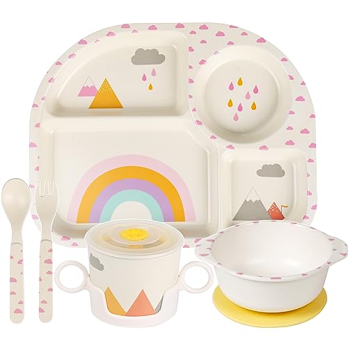 Greentainer Kindergeschirr set aus melamin, 6er Sturzfest Geschirr Set- Baby Menü Tablett, Kinderschüssel mit Saugnapf, Becher mit deckel,Löffel, Gabel für Kinder, ab 6 Monaten,Spülmaschinenfest von Greentainer