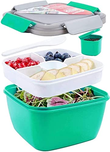 Greentainer Lunchbox, Bento Box Lunch-Behälter Salatbehälter Bento für Mittagessen,1500 ml, 3 Fächer mit 1 Gabel, auslaufsicher, mikrowellenfest Dunkel (Grün) von Greentainer