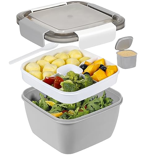 Greentainer Lunchbox Auslaufsichere Bento Box mit 1 Gabel, 1500 ml Salatbehälter mit Dressingbehälter, 3 Fächer Salatbox-to-go für Schule,Arbeit,Picknick, Reisen,Camping | Frische Dichtung von Greentainer