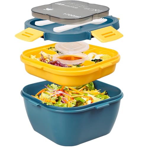 Greentainer Lunchbox Auslaufsichere Bento Box mit 1 Gabel, Salatbehälter mit Dressingbehälter, 3 Fächer Salatbox-to-go für Schule,Arbeit,Picknick, Reisen,Camping (Hellblau, 1700ML) von Greentainer