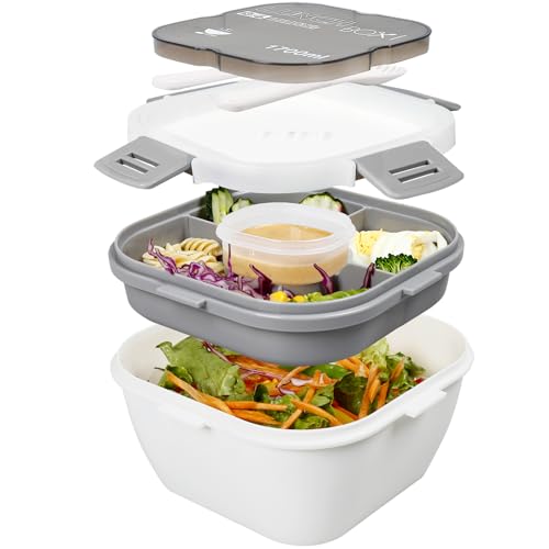 Greentainer Lunchbox Auslaufsichere Bento Box mit 1 Gabel, Salatbehälter mit Dressingbehälter, 3 Fächer Salatbox-to-go für Schule,Arbeit,Picknick, Reisen,Camping (Weiß, 1700ML) von Greentainer