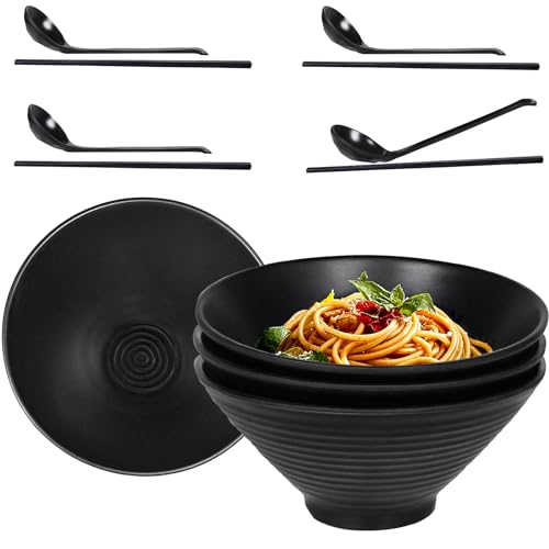 Greentainer Ramen Schüssel aus melamin-4 pcs Japanisches Geschirr Set |40 OZ (1170ml) Suppenschüsseln |Noodle Bowl mit Essstäbchen und Löffel für Salat,Große Schüssel für Kinder & Erwachene|Schwarz von Greentainer