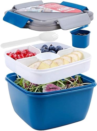 Greentainer Salatbehälter Lunch-Behälter Bento Box für Mittagessen, 3 Fächer für Salat und Snacks, Salatschüssel mit Dressingbehälter, auslaufsicher, mikrowellengeeignet 1500 ml Dunkel(Blau) von Greentainer