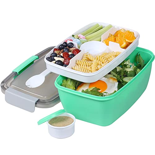 Greentainer Salatbehälter aus PP, Go To Lunchbox mit 5 Fächer,Bento Box mit Fruchtbehälter für Kinder Erwachsene, 2L Auslaufsicher Salatschüssel,Spülmaschinen- und Mikrowellenfest (Grün) von Greentainer