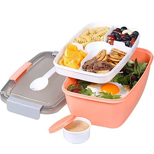 Greentainer Salatbehälter aus PP, Go To Lunchbox mit 5 Fächer,Bento Box mit Fruchtbehälter für Salat und Snacks, 2L Auslaufsicher Salatschüssel,Spülmaschinen- und Mikrowellenfest (Pink) von Greentainer