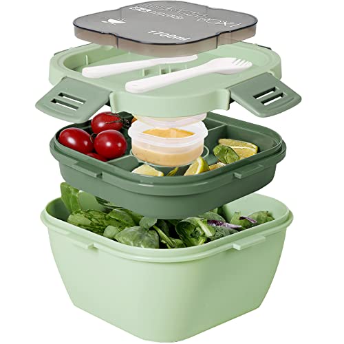 Greentainer Salatbehälter mit unterteilung fächern,Lunchbox mit Besteck für Erwachsene und Kinder,Salat Box to go,Bento Box für Schule,Arbeit,Picknick,Reisen, Auslaufsicher Brotzeitbox |1700ml,Grün von Greentainer