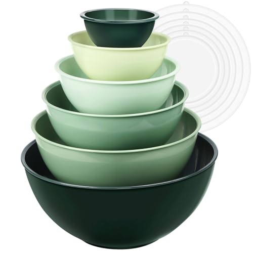 Greentainer Salatschüssel Set mit Deckel, 12-teiliges Rührschüssel aus Kunststoff, Stapelbare mixing bowls with lids für Küche,Große Schüsselset,Servierschalen ideal zum Mischen und Servieren von Greentainer