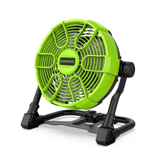 Greenworks G24FAN Akku-Hybrid-Ventilator mit Haken zum Aufhängen, 25,4cm Durchmesser, 2600 U/min, 5 Geschwindigkeitsstufen, 360° drehbarer Kopf, kompatibel mit AC-Kabel, OHNE 24V Akku & Ladegerät von Greenworks