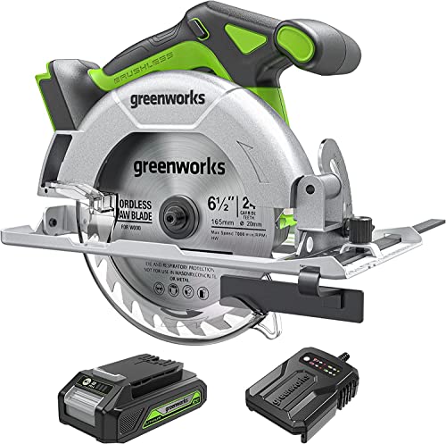 Greenworks Akku-Kreissäge Brushless Motor, LED-Licht 4800 U/min, 165cm Klinge, 57mm Schnitttiefe, 3 Jahre Garantie GD24KSK2 von Greenworks