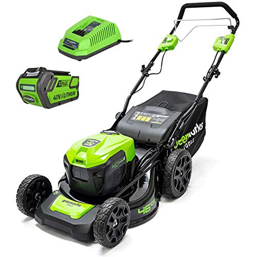 GreenWorks GD40LM46SPK4 GD40LM46SPK4 Rasenmäher (Schnittlänge 46 cm, Doppelschlitz, inkl. 40 V, 4 Ah Akku und Ladegerät), schwarz/grün von Greenworks