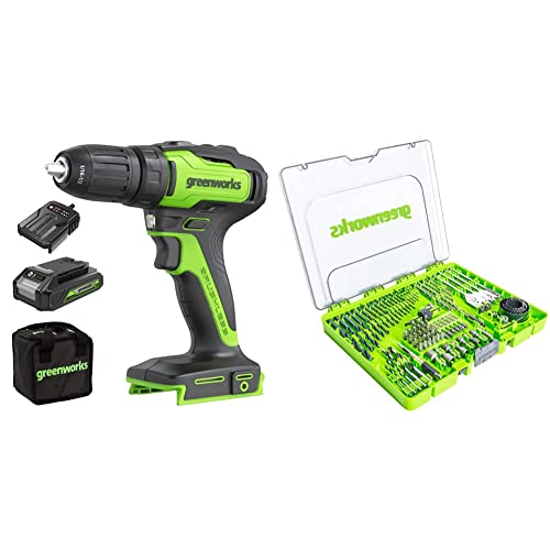 Greenworks 24V 35Nm Cordless Drill Kit with 2Ah batteries, charger and Drill/driver bits (extensive Set of 90 Pieces Suitable for All Drills and Cordless Screwdrivers) von Greenworks