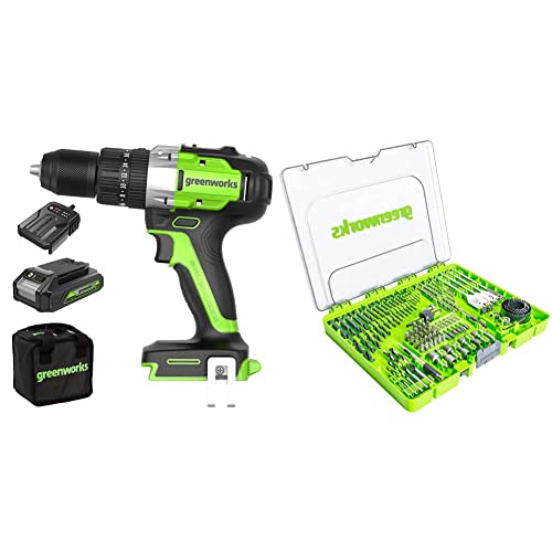 Greenworks 24V 60Nm Cordless Hammer Drill Kit with 2Ah batteries, charger and Drill/driver bits (extensive Set of 90 Pieces Suitable for All Drills and Cordless Screwdrivers) von Greenworks