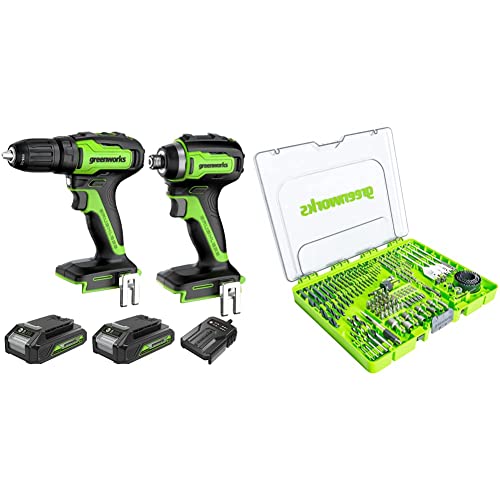 Greenworks 24V Drill Driver and Impact Driver combo, two 2Ah Batteries, Charger and Drill/driver bits (extensive Set of 90 Pieces Suitable for All Drills and Cordless Screwdrivers) von Greenworks