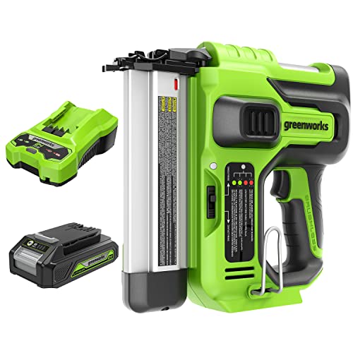 Greenworks G24BNK2 Akku Nagelpistole, 110 Nägel Kapazität, 110 Stück/min für 20-50 mm 18GA Nägel, Akku Nagler PLUS 24V Akku & Ladegerät, 3 Jahre Garantie von Greenworks