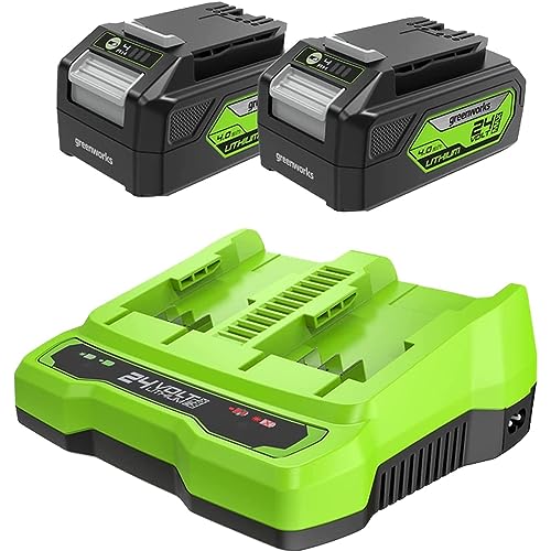 Greenworks 24V Akkus & Doppellader Ladegerät - Zwei 4Ah Batterien, wiederaufladbarer Akku für alle Greenworks 24V Geräte, 48W Output 4A Spannung lädt eine einzelne Batterie in 60 Min - G24B4 & G24X2C von Greenworks