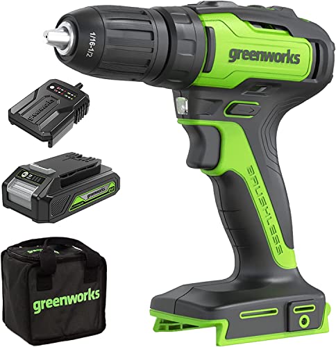 Greenworks GD24DD35K2 Akku Bohrschrauber mit bürstenlosem Motor, 0-1450 U/min, 2 Stufen, 35 Nm Drehmoment, 24V 2Ah Akku & Ladegerät, Tasche, 3 Jahre Garantie von Greenworks