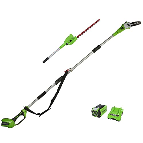 Greenworks G40PSHK2 2-in-1 Akku Stabheckenschere & Akku Hochentaster mit Schultergurt, Astsäge 20 cm Klinge, Heckenschere 51 cm Doppelklingen, 40V 2Ah Akku & Ladegerät, 3 Jahre Garantie von Greenworks