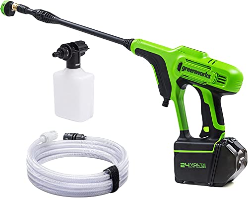 Greenworks Tools Akku-Druckreiniger G24PW (Li-Ion 24V 300 Watt Motorleistung 24 bar Druck 180 l/h Durchflussmenge 5-Fach Düse 6m Schlauch ohne Akku und Ladegerät) Green, Grey, Black von Greenworks