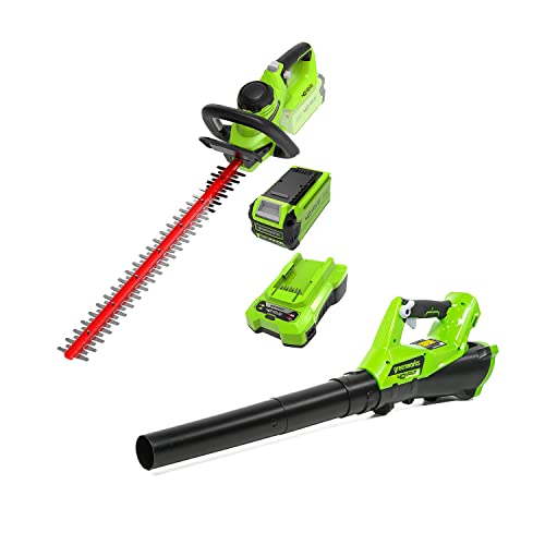 Greenworks Akku Heckenschere 40V 61cm Schnittlänge + 40 V Axial Akku-Laubbläser von Greenworks