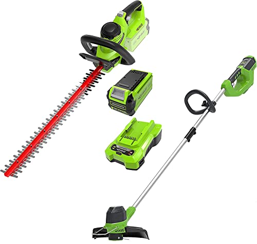 Greenworks Akku-Rasentrimmer G40LT und Akku-Heckenschere G40HT61 (Li-Ion 40 V 30cm Schnittbreite 7000U/min 61cm Schnittlänge 27mm Schnittstärke 3000 CPM mit 2Ah Akku und Ladegerät) von Greenworks