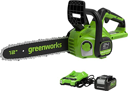 Greenworks GD24CS30K4 Akku Kettensäge mit 24V 4Ah Akku und Ladegerät, bürstenlosem Motor, 30 cm Blattlänge, 7,8 m/s Kettengeschwindigkeit, automatisches Öl-System, Rückschlagschutz, 3 Jahre Garantie von Greenworks