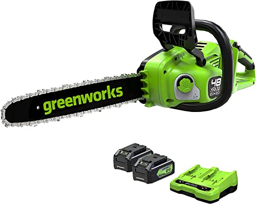 Greenworks 48V(2x24V) Akku Kettensäge mit bürstenlosem Motor, 14 Zoll (35cm) Blattlänge, 20 m/s Kettengeschwindigkeit, Auto-Öler, Mit zwei 4Ah Akkus & Doppel-Ladegerät, 3 Jahre Garantie-GD24X2CS36K4X von Greenworks