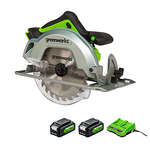 Greenworks Akku-Kreissäge GD24CS & Akku G24B4 (Packung mit 2) & Doppelsteckplatz-Akku-Universalladegerät G24X2UC2 von Greenworks