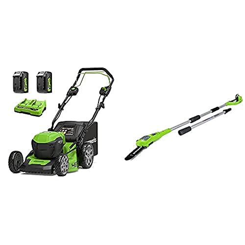 Greenworks Akku-Rasenmäher+Akku-Hochentaster G24PS20 (Li-Ion 24V 20cm Schwertlänge 6,7m/s Kettengeschwindigkeit bis zu 280cm Alustange 3-teilig von Greenworks