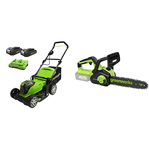 Greenworks Akku-Rasenmäher+Akku-Kettensäge G24CS30 (Li-Ion 24V 7,8m/s Kettengeschwindigkeit 30cm Schwertlänge automatische Kettenölung 160ml Öltankvolumen von Greenworks