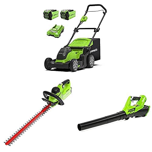 Greenworks Akku-Rasenmäher 40V 35cm + Akku Heckenschere 40V 61cm Schnittlänge + 40 V Axial Akku-Laubbläser + 120l Gartenabfallsack von Greenworks