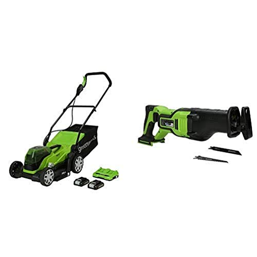 Greenworks Akku-Rasenmäher G24X2LM36K2x + 24V Akku-Säbelsäge GD24RS von Greenworks