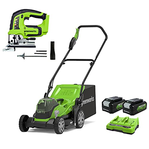 Greenworks Akku-Rasenmäher G24X2LM36K2x inklusive 2X 2 Ah Akku und Ladegerät + Akku-Stichsäge GD24JS von Greenworks