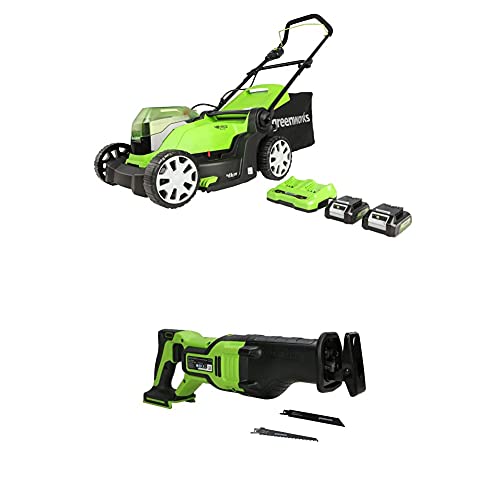 Greenworks Akku-Rasenmäher G24X2LM41K2x + 24V Akku-Säbelsäge GD24RS von Greenworks