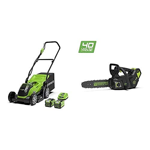 Greenworks Rasenmäher G40LM35K2X und Kettensäge GD40TCS (Li-Ion 40V 35cm Schnittbreite 500m² 40l Grasfangkorb 12 m/s Kettengeschwindigkeit 25cm Schwertlänge mit 2 Akkus 2 Ah & Ladegerät) von Greenworks