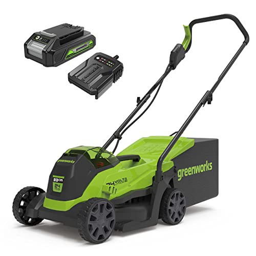 Greenworks 24V Kabelloser Akku Rasenmäher mit bürstenlosem Motor für kleinere Flächen bis zu 140 m², 33 cm Schnittbreite, 30-Liter-Sack PLUS 24V Akku & Ladegerät, 3 Jahre Garantie-GD24LM33K2 von Greenworks