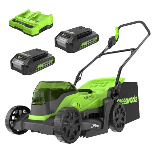 Greenworks 48V (2x24V) Akku-Rasenmäher 36cm Schnittbreite bis zu 200m² 40L Grasfangkorb mit 2x 24V 2Ah Akku und Doppelsteckplatz-Ladegerät, 3 Jahre Garantie,GD24X2LM36K2x von Greenworks