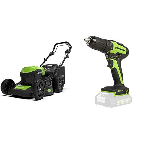 Greenworks Akku-Rasenmäher GD24X2LM46SPK4X inklusive 2X 4 Ah Akku und Ladegerät + Akku- u. Bohrschrauber GD24DD35 von Greenworks