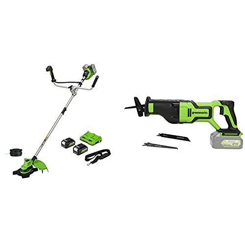 Greenworks Akku-Rasentrimmer+24V Akku-Säbelsäge GD24RS (Li-Ion 24V variable Hubzahlregelung bis 2700 Hübe pro Minute für Holz Kunststoff u. Metall mit werkzeugfreiem Sägeblattwechsel von Greenworks