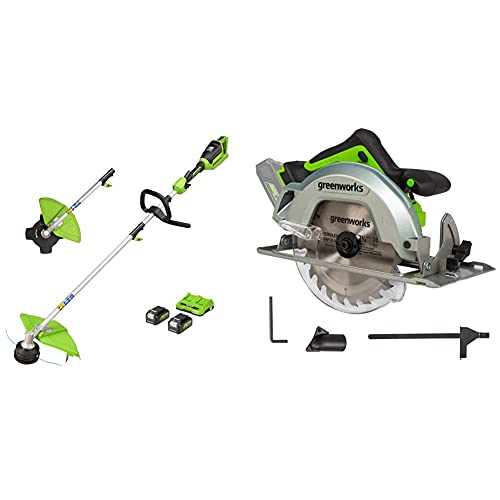 Greenworks Akku-Rasentrimmer+Akku-Kreissäge GD24CS (Li-Ion 24 V max. 64mm Schnitttiefe 4500 RPM Leerlaufdrehzahl Spindelarretierung LED-Licht von Greenworks