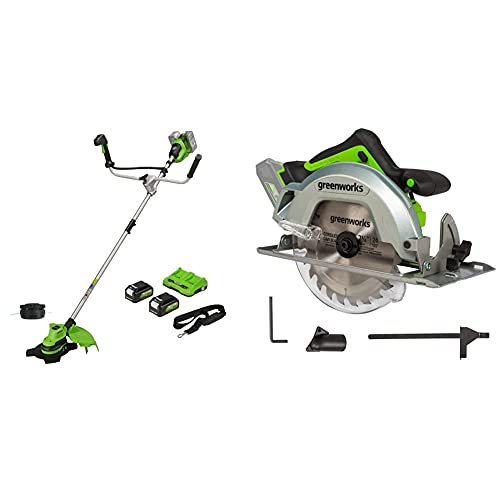 Greenworks Akku-Rasentrimmer+Akku-Kreissäge GD24CS (Li-Ion 24 V max. 64mm Schnitttiefe 4500 RPM Leerlaufdrehzahl Spindelarretierung LED-Licht von Greenworks