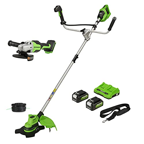 Greenworks Akku-Rasentrimmer+Akku-Winkelschleifer GD24SAG (Li-Ion 24 V 10.500 Umdrehungen/Minute 125mm Scheibendurchmesser 28mm Schnitttiefe leistungsstarker brushless Motor von Greenworks