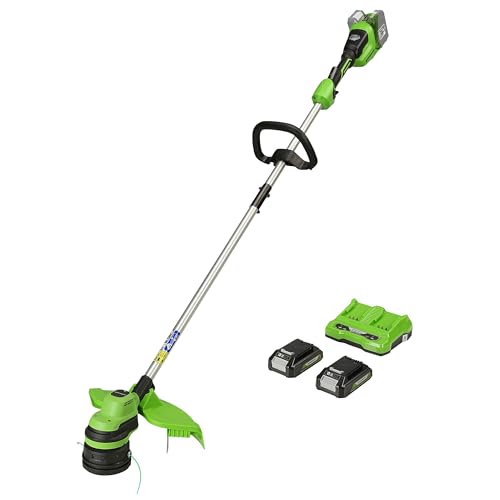 Greenworks Akku-Rasentrimmer 48V(2x24V) 33cm mit 2 Akku 2Ah und Ladegerät, 2mm Faden, Hi/Low-Modus, Stoßgeführte Schneidkopfvorrichtung GD24X2LTK2x von Greenworks