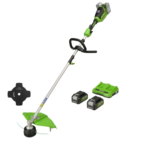 Greenworks 48V (2x24V) Akku Rasentrimmer für kleine bis mittelgroße Gärten, 40 cm Schnittbreite, Stoßvorschub, 2 mm Doppelfaden aus Nylon, zwei 24V 4Ah Akkus & Doppel-Ladegerät GD24X2TXK4X von Greenworks