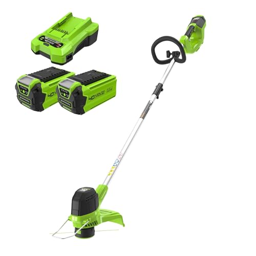 Greenworks 40V Akku Rasentrimmer für mittelgroße Gärten, höhenverstellbar, 30 cm Schnittbreite, automatischer Vorschub 1,65 mm Nylon Faden, zwei 40V 2Ah Akkus & Ladegerät, 3 Jahre Garantie G40LTK2X von Greenworks