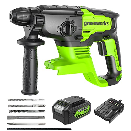 Greenworks GD24SDS2K4 Akku Bohrhammer SDS mit bürstenlosem Motor, 0-1000 U/min, 0-4500ipm, 2 Joule Schlagstärke PLUS 24V 4Ah Akku & Ladegerät, 3 Jahre Garantie von Greenworks