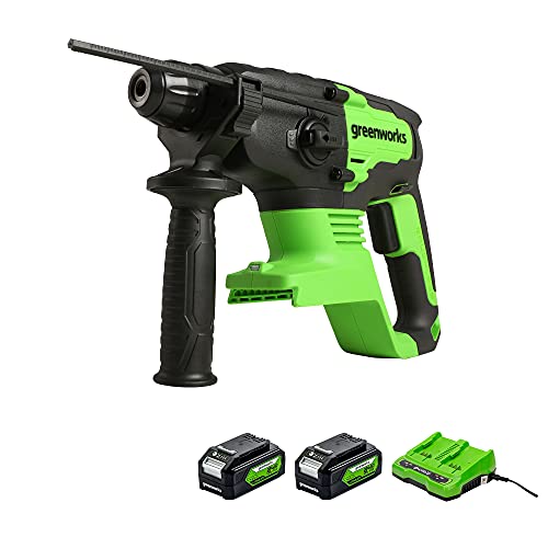 Greenworks Akku-Schlagbohrer GD24SDS2 & Akku G24B4 (Packung mit 2) & Doppelsteckplatz-Akku-Universalladegerät G24X2UC2 von Greenworks