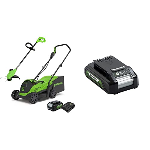 Greenworks Elektro-Rasenmäher 24V 33cm 30L Grasfangbox und Kabelloser Rasentrimmer 25cm automatischer Vorschubkopf mit Akku 4Ah und Ladegerät GD24LM33LT25K4 & Akku G24B2 von Greenworks